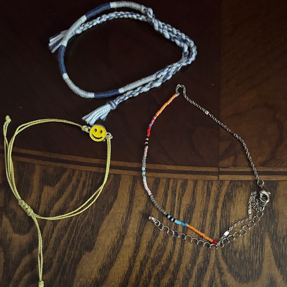 Bracelet bundle of 3 - blue/silver, smiley face and multi color beads